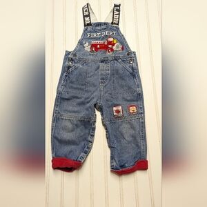 Kids Denim Overalls with Fire Truck Design